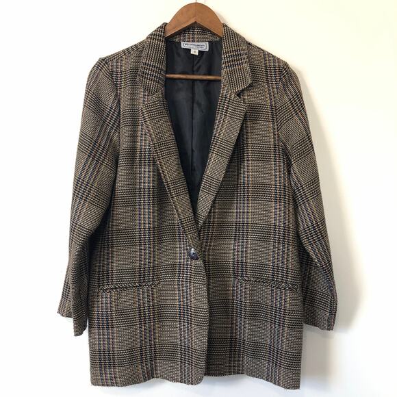 VTG 90s Plaid Woven Blazer Requirements Corp Core 8P Tailored Classic Longline - Picture 2 of 10